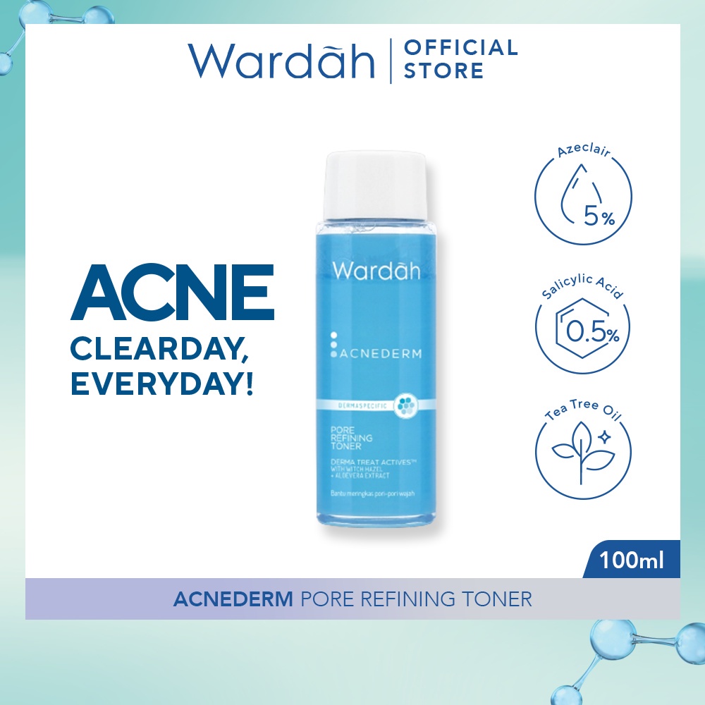 WARDAH Acnederm Pore Refining Toner Indonesia / Pembersih Wajah 100ml / Derma Treat Actives With Witch Hazel + Aloevera Extract / Bantu Meringkas Pori-Pori Wajah / Skincare Face Care Series Foaming Cleanser Serum Day Night Moisturizer Acne Spot Gel Powder