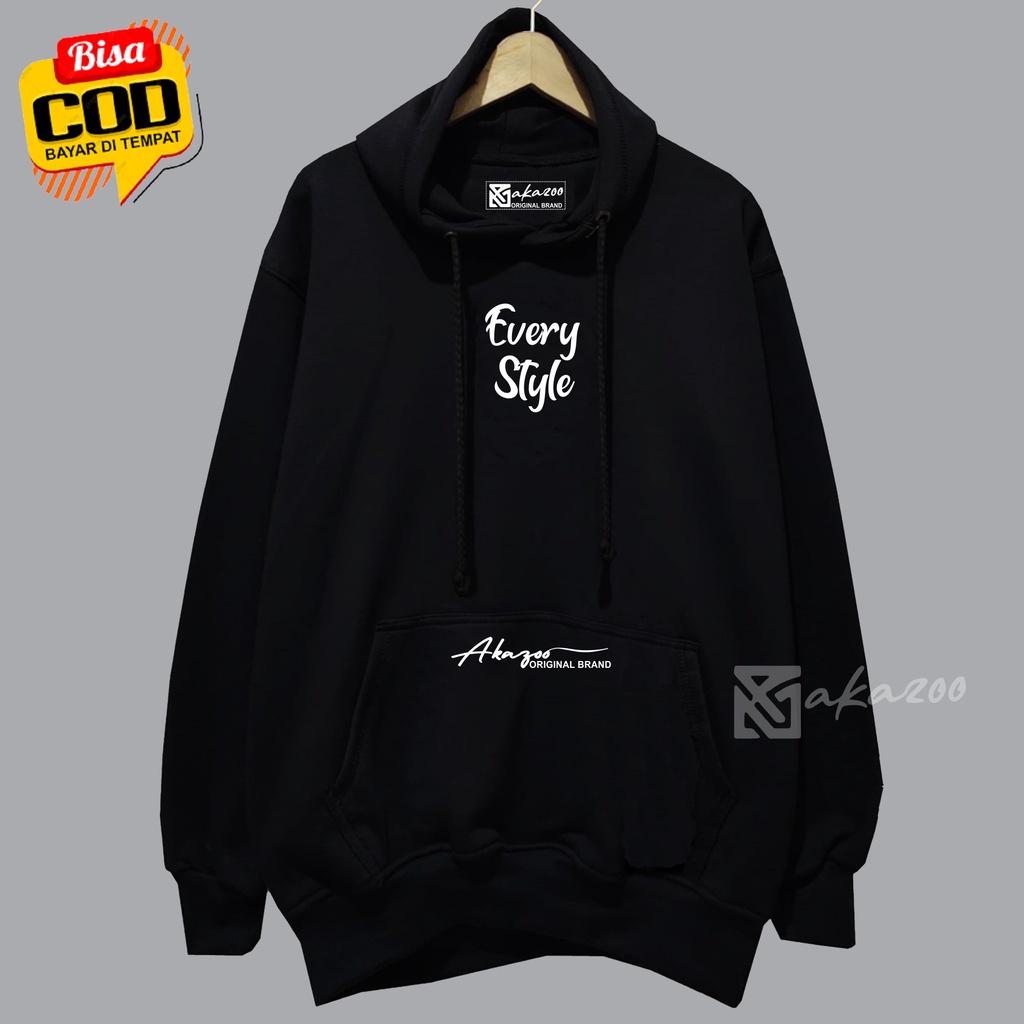 hoodie distro pria original AKAZOO bahan flece Sablon Every Style Warna Hitam sweater oversize pria xxl ziper hoodie hijau botol akazoo.id