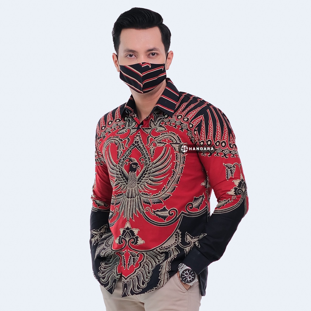 Handara Batik Pria Lengan Panjang Slim Fit Premium Bangkok Merah Hitam HB-343