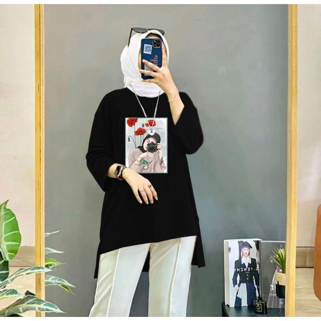 Baju Atasan Tunik Blouse Hijab Motif Camera Lengan Panjang Wanita