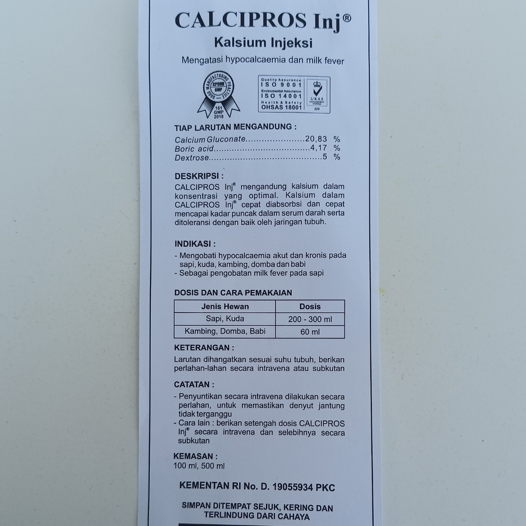 CALCIPROS INJ 500 ml | Kalsium Infus Untuk HYPOCALCEMIA atau Kekurangan Kalsium Ternak Sapi Kambing | Seperti Calsidex Calcidex
