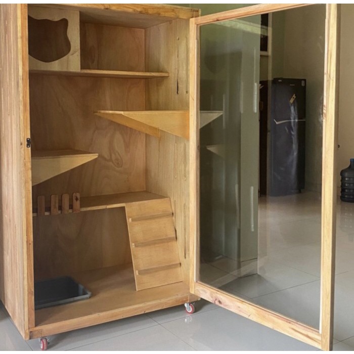 KANDANG KUCING BESAR TINGKAT 3 JUMBO KAYU JATI KUCING GIMBUL