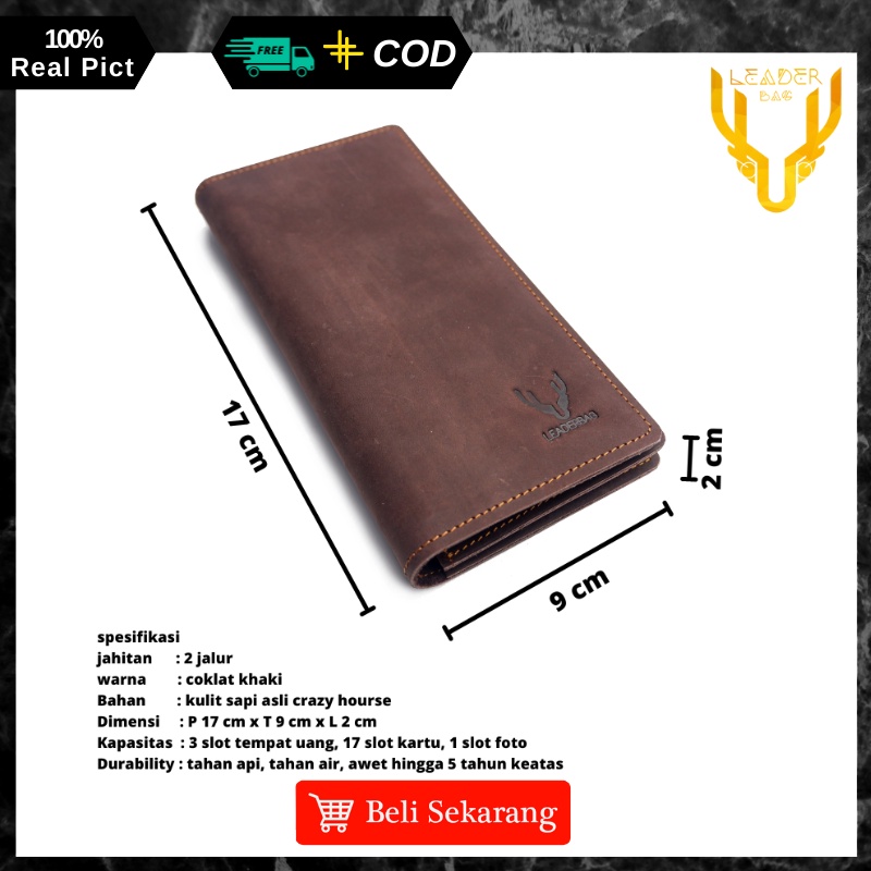 Dompet Panjang Pria Kulit Sapi Asli Merk Leaderbag Warna Coklat Khaki Terbaru Dompet Lipat Cowok Keren Branded Original SIRIUS E06