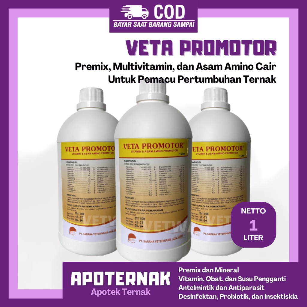 VETA PROMOTOR @1 Liter | Premix Multivitamin dan Asam Amino Pemacu Pertumbuhan Ternak | SAVETA