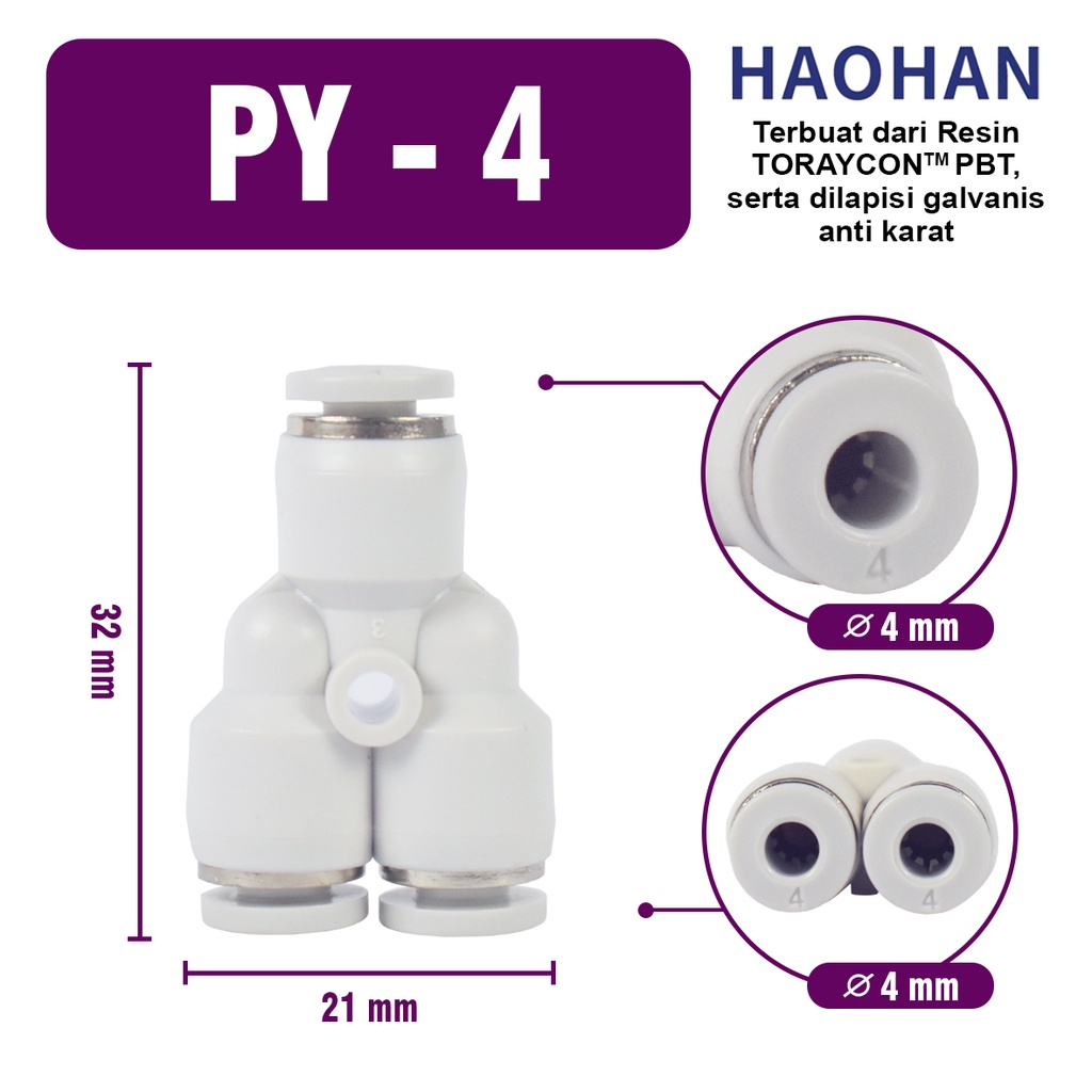 PY Y connector Push In Fitting Konektor Slip Lock  aeroponik Pneumatic Fitting 3 Arah Cabang Y