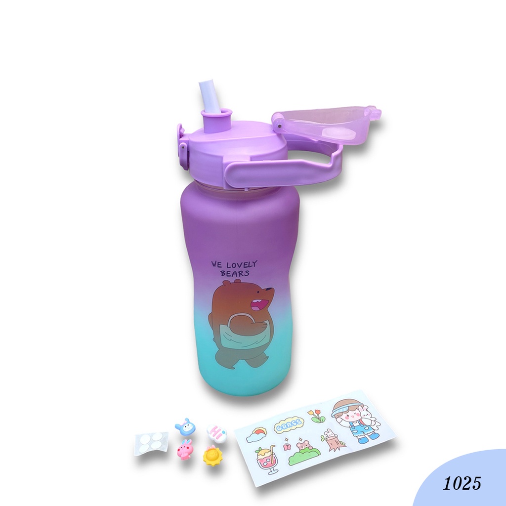 Botol Minuman We Babe Bears Free Sticker 2D &amp; 3D Kode 1025 Food Grade Bebas BPA Ukuran 2 Liter Botol Minum Viral Motivasi Dengan Penanda Waktu-Botol Couple Pasangan Gradasi Anti Bocor Awet Tahan Lama