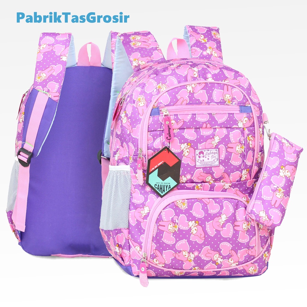 Tas Ransel Anak Perempuan Karakter Cahaya Melody Fashion Anak Tas Ungu Pink Cantik Ransel Anak SD Tas Ransel Perempuan Backpack Anak Cewek Hello Kitty Bonus Tempat Pensil Raincover Tas Ngaji Piknik Les TPA TPQ Muat LKS Buku Tema Buku Paket