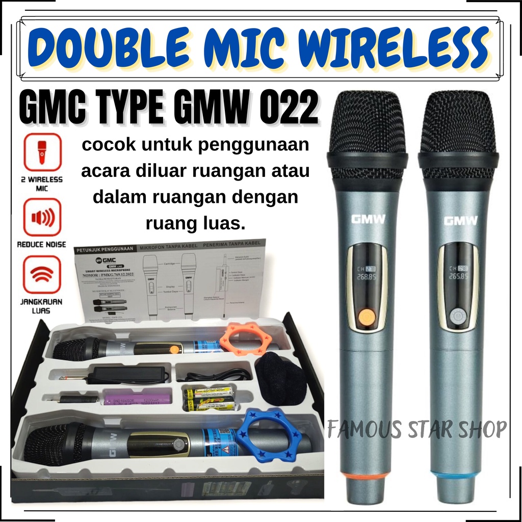 GMC Microphone wireless GMW 022 Mic Karaoke Double Tanpa Kabel | 2 Mic Profesional Wireless Microphone | Mikrofon GMC Type GMW 022 Mic Wireless Double Murah dan Berkualitas - Bisa Bayar Ditempat | FMS