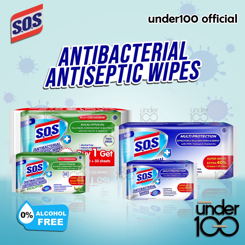 ❤ Under100 ❤ SOS Anti Bacterial Wipes | S.O.S Tisu Basah Anti Bakteri Efektif Membunuh Kuman | Alcohol Free