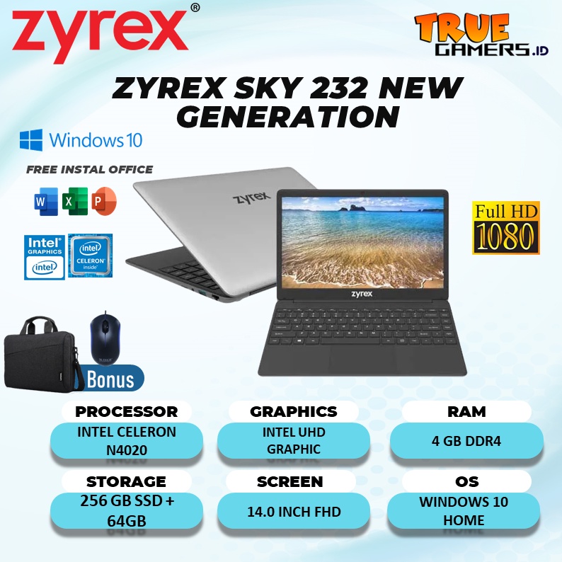 LAPTOP  ZYREX SKY 232 NEW GENERATION N4020 4GB 256SSD+64GB W10 14.0FHD