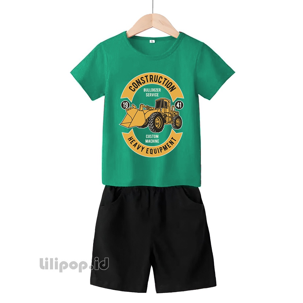 Baju Anak Stelan Kaos 3/4 bulldozer Cowok Cewek  Usia 2 - 7 Tahun Celana Pendek Harian