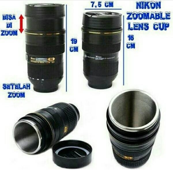 Mug Lensa Nikon Zoom - 24-70MM - Gelas Thermo Tahan Panas Dingin - Bisa Di-Zoom - Mirip Lensa Kamera Asli