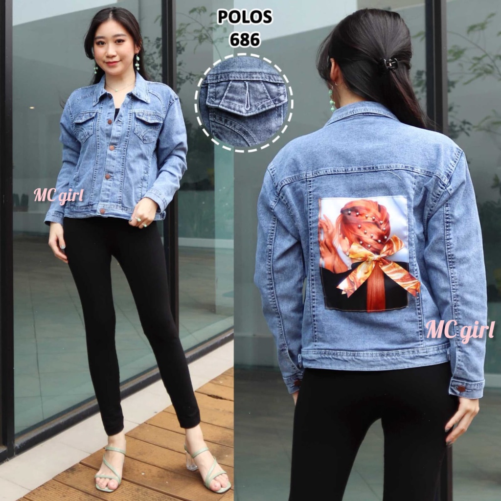 ( Bisa COD ) MC girl - Jaket Jeans Snow Gambar Belakang / Jaket Lepis Gambar Pita Goyang Wanita / Jacket Denim Gambar Pita Belakang