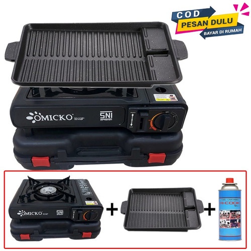 PAKET HEMAT Kompor Gas Portable OMICKO TAS + 1 Gas kaleng + SQUARE Gril BBQ