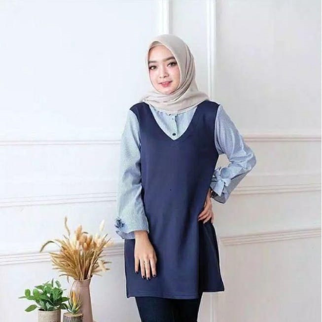 IndiStoree - TUNIK MELDA TOP Bahan Crepe Mix Katun Salur Fit To L Ld 102 CM Atasan Wanita Terbaru 20