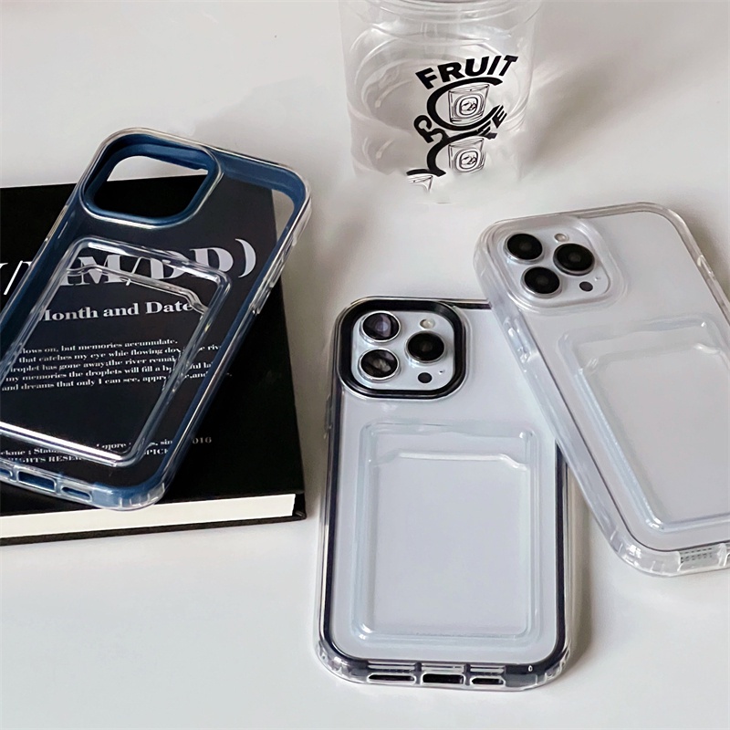 IPHONE Shockproof 3-in-1 Kartu Kredit Case Kompatibel Untuk Iphone11 13 12 14 Pro MAX 7Plus 8Plus XR 7-8 6 6S Plus X XS MAX SE 2020 Bening Padat Murni Warna Permen Penuh Melindungi Soft Case