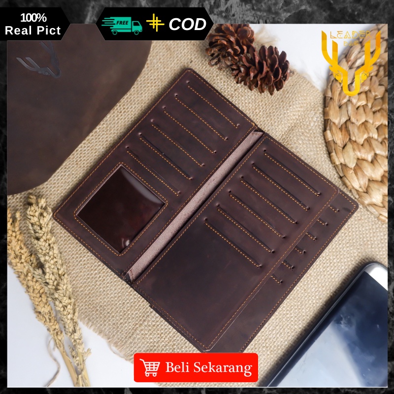 Dompet Panjang Pria Kulit Sapi Asli Merk Leaderbag Warna Coklat Khaki Terbaru Dompet Lipat Cowok Keren Branded Original SIRIUS E06