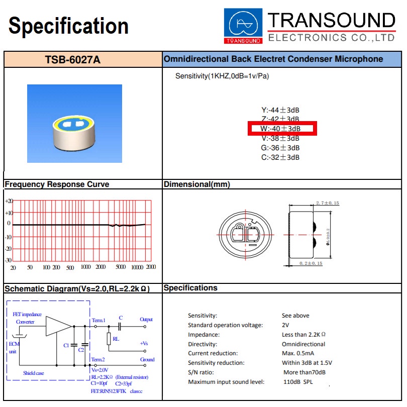 Mic Hi-Quality Transound TS6027A 60x27mm Electret Condenser Microphone