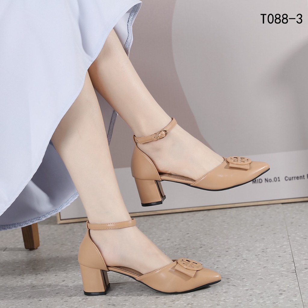 TB Logo Bow Ankle Strap Pump Block Heel T088-3