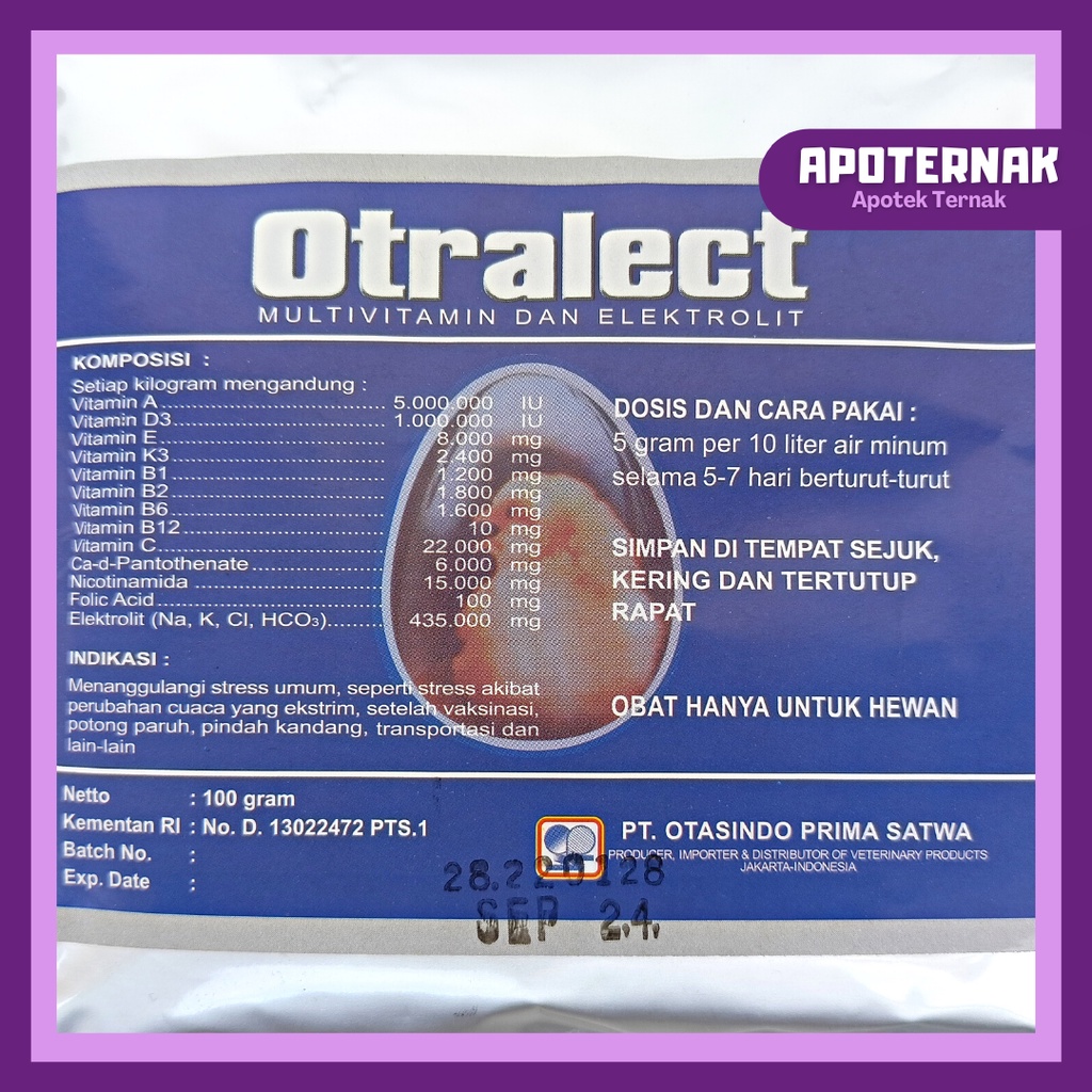 OTRALECT 100 gr | Multivitamin Elektrolit Untuk Ayam Stress Akibat Perubahan Cuaca, Seletah Vaksin, Potong Paruh, Pindah Kandang, dll | Seperti VIT ECO SUPRALIT PLUS