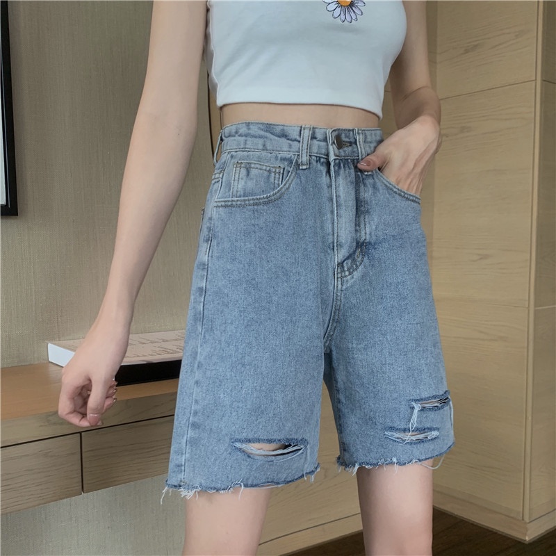 celana pendek denim wanita korean style highwaist premium baggy vintage celana jeans sobek