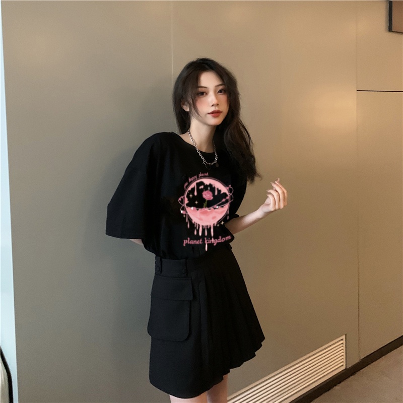 XIAOZHAINV Kaos Atasan Wanita Rose Planet Pattern Lengan Pendek A0408