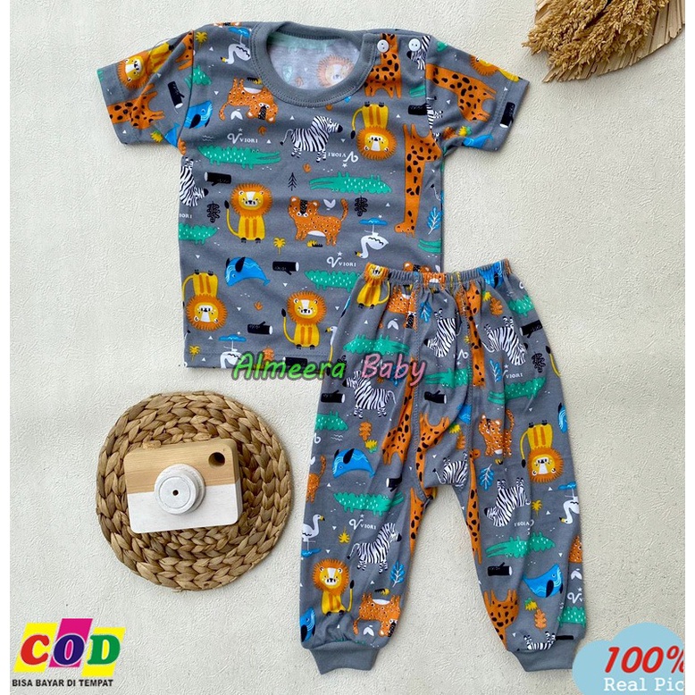 Setelan Baju Bayi Lengan Pendek Celana Panjang Kancing Pundak Motif Animal Usia 3-12 Bulan Almeera Baby and Kids