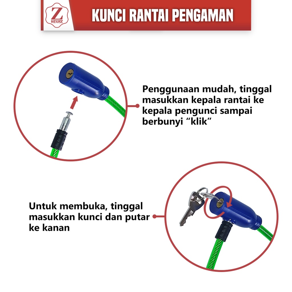 Kunci rantai 64cm/ kunci rantai pengaman Gembok plus kunci pengaman rantai rante sepeda motor helm Pendek panajng 64cm Cable Lock Kunci Kabel Pengaman Motor Helm Pentol Baja Karet Gembok Kawat Dengan Kunci