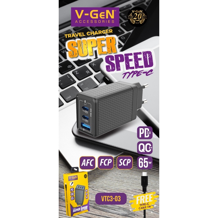 Adaptor Travel Charger V-GeN VTC3-03 Fast Charging 2 PD QC4 Type C 65W