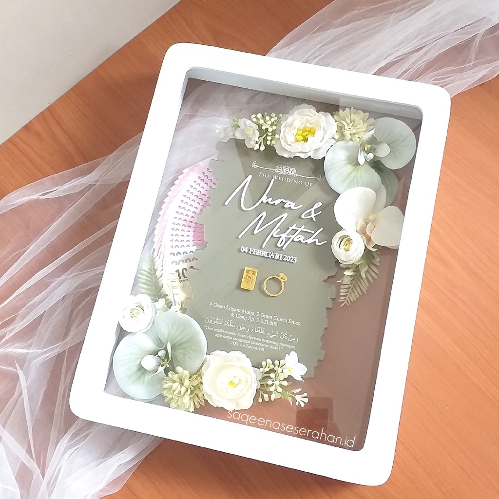 mahar mas kawain frame putih akrilik custom nama grafir (made by order) murah, bingkai mahar pernika