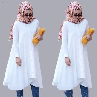 Gamis Wanita Baju tunik wanita terbaru 2022 tunik putih bahan Moscrepe Premium - Putih, L Y1C5