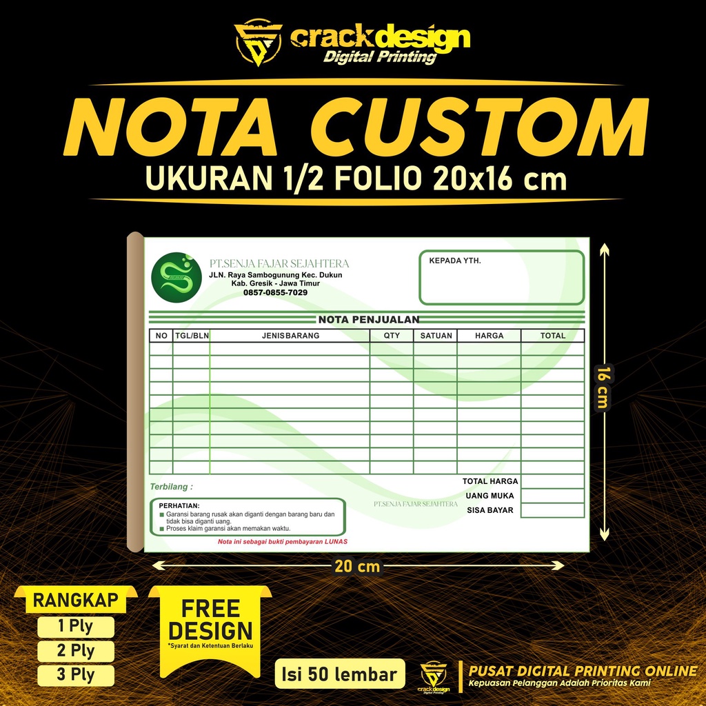 

CETAK NOTA GROSIR UKURAN 1/2 FOLIO / NOTA TOKO / NOTA OLSHOP / NOTA BON / KWITANSI / INVOICE CUSTOM SATUAN MURAH FULL COLOR TANPA MINIMAL ORDER 1 HARI LANGSUNG JADI CRACK DESIGN