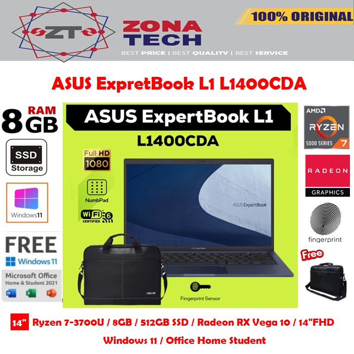 ASUS ExpertBook 1 L1 L1400CDA - RYZEN 7-3700U - 8GB - 512GB SSD - RADEON RX VEGA 10 - 14&quot;FHD - WIN11 - OHS