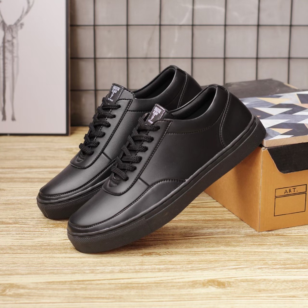 FATIMAHSHOES - Sepatu Sneakers Kasual Pria Kulit Pu Kerja Hitam