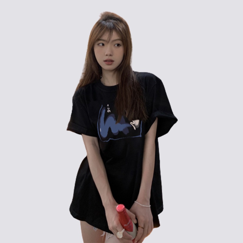 XIAOZHAINV Kaos Atasan Wanita Blue Brush Pattern Lengan Pendek A0529
