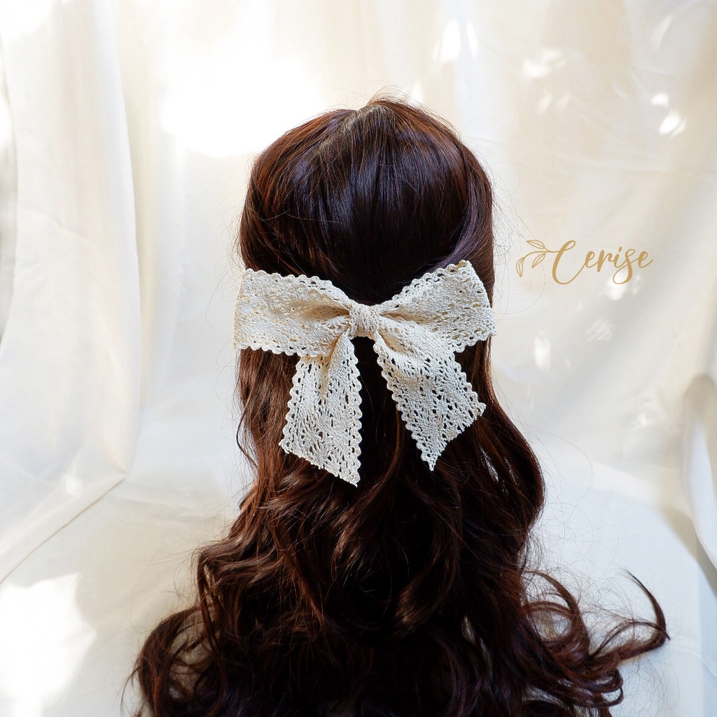 Aiko Hairpin | Jepit rambut pita lace korea putih cream untuk anak dan wanita dewasa cantik manis