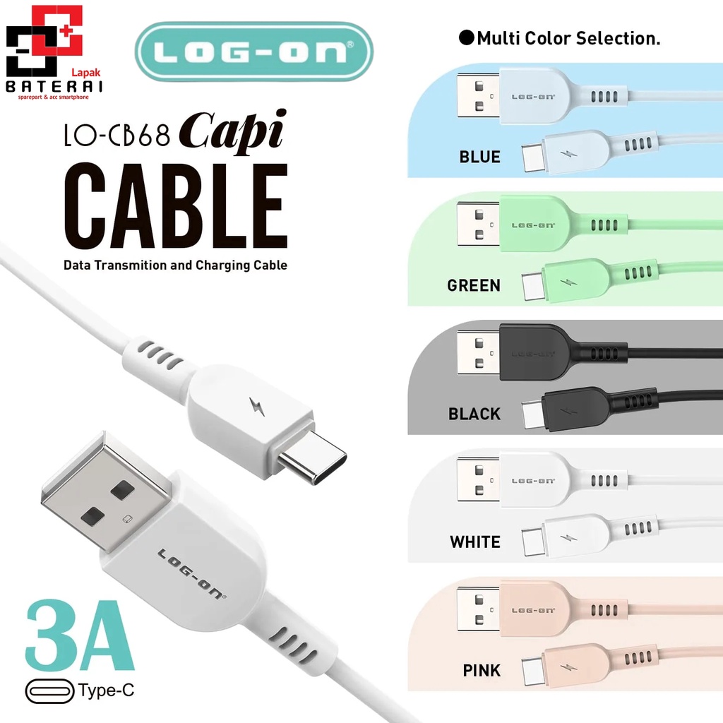 LOG - ON CB68C Capi Type C 3A Fast Charging | Quick Charger 3.0 | Kabel Data Tipe C | Kabel Charger Casan