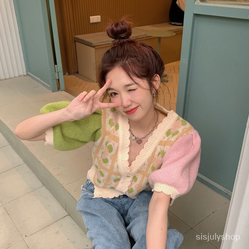 Kardigan rajut n-neck warna kontras wanita musim semi 2023 new loose short top wanita