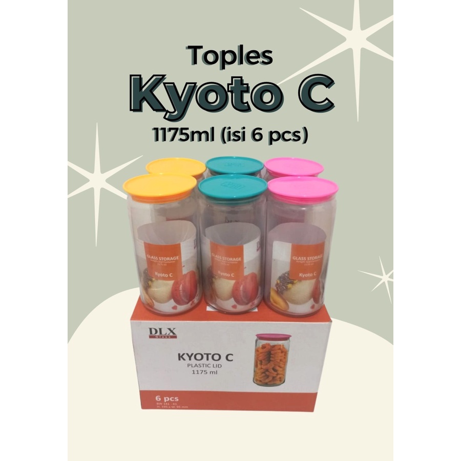 TOPLES KACA LEBARAN BULAT KEDAP UDARA SET KYOTO C TUTUP PLASTIK 1175 ML (ISI 6)