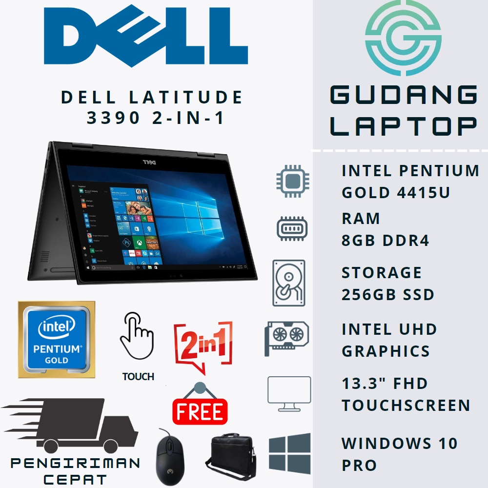 LAPTOP 2IN1 MURAH DELL LATITUDE 3390 RAM 8GB SSD 512GB FHD TOUCH WIN10