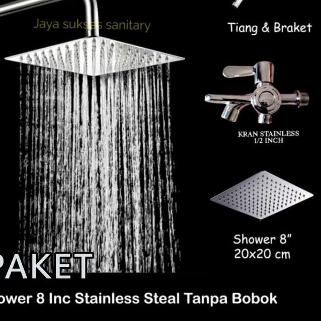 ✮ Shower Kamar Mandi Rainfall 8 inch Stainless Satu Set  / Shower mandi Tanpa Bobok Gratis Kran Caba