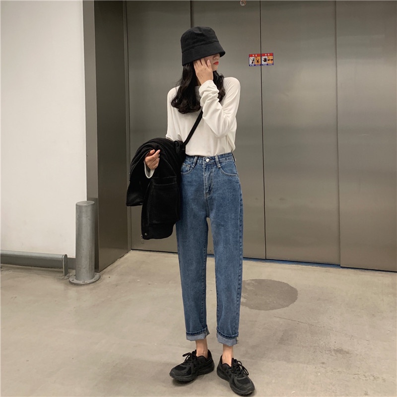 EUNII Celana Panjang Pants Wanita Jeans Straight Cropped Jeans High Waist Korean Style