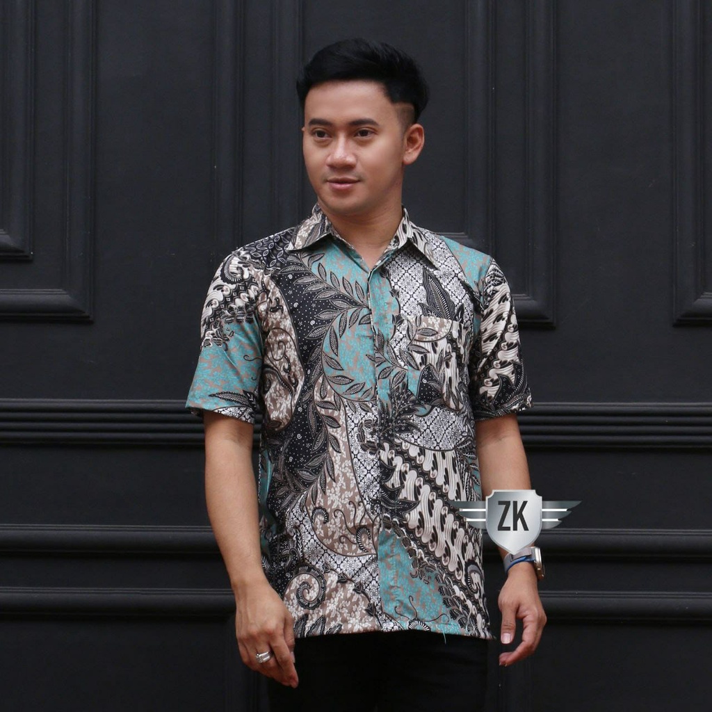 KEMEJA BATIK PEKALONGAN MODEL LENGAN PENDEK WARNA TOSCA UKURAN M L XL XXL