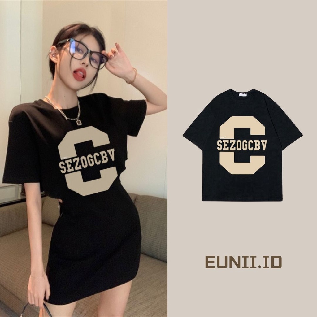 EUNII T-shirt Lengan Pendek Retro Letter C Korean Style/Kaos Atasan Wanita/Baju Kaus Oversize Wanita/Kaos Wanita