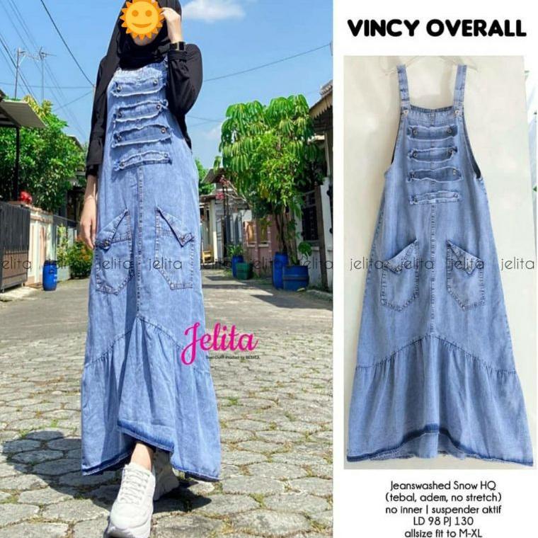 [ART. 8779] Overall Rok Panjang Jeans Snow Variasi Tempel Kantong Depan Jumpsuit Wanita Terbaru Oute