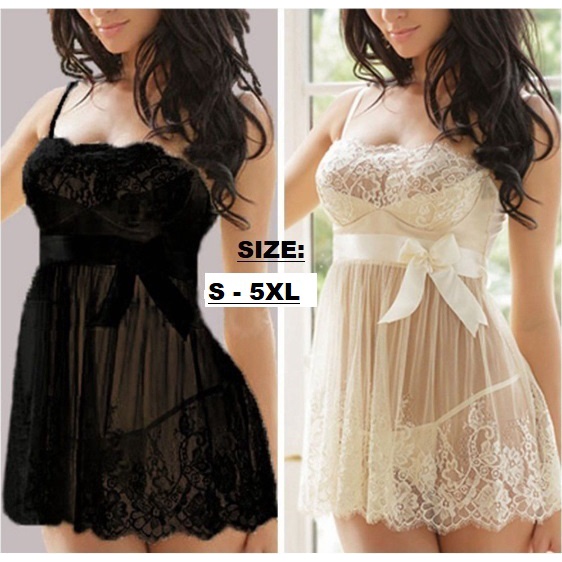 Dress Lingerie Transparant New +Gstring Putih Impor