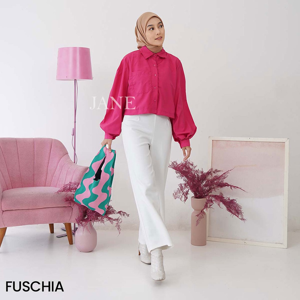 JANE COLLECTION || Kemeja Kerja Putih Wanita Atasan Crop Shirt Hitam Fashion Wanita OOTD Casual Kemeja Boly Fuschia