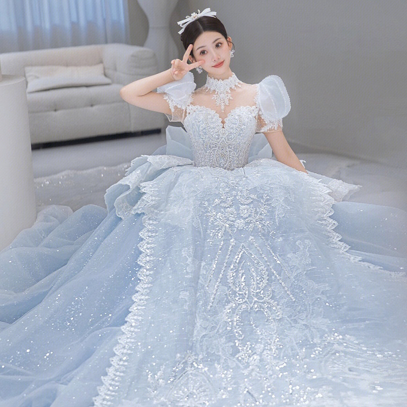 Baby Biru Gaun Pengantin Wanita Long Tail Bridal Wedding Dress Princess Bright Sequin Lace Beaded Wedding Gown Gaun Pengantin Wanita Ekor Panjang