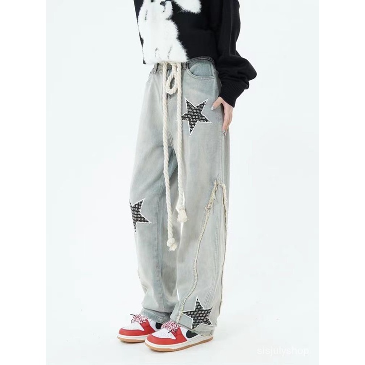 [✅BISA COD] #Sisjuly# Y2K Celana Jeans/ Lurus Bersulam Bintang Amerika Wanita Berpinggang Tinggi Cela