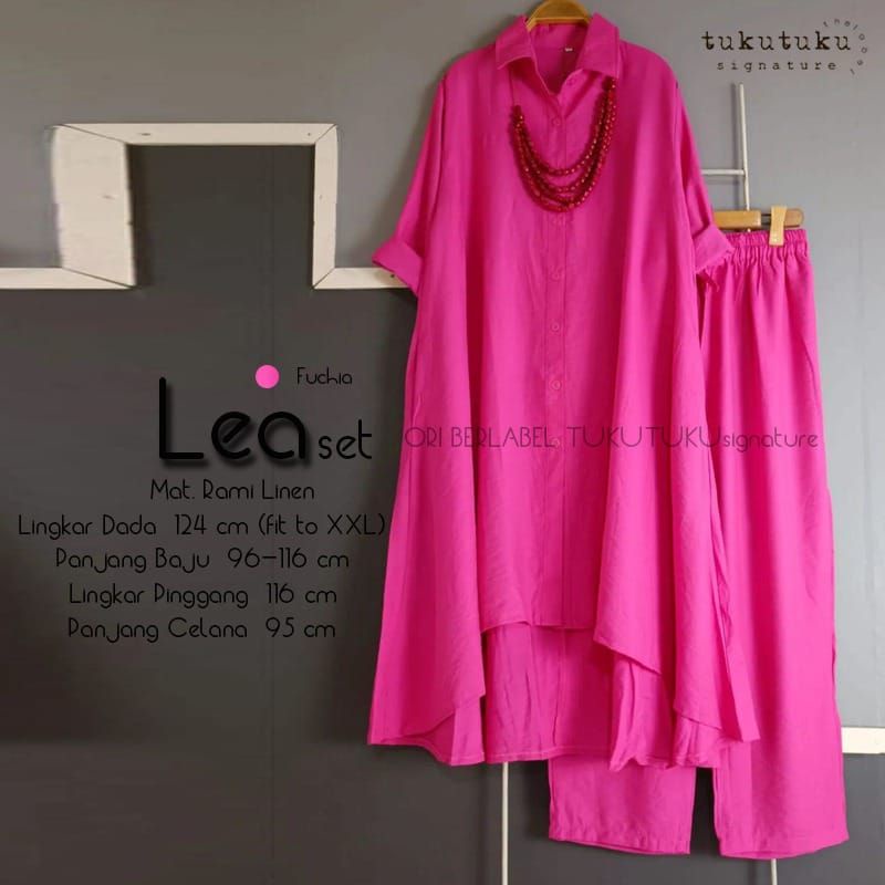 Lea One Set Setelan Jumbo Celana Kulot Tunik Polos Fuchia Fanta Putih Katun Linen Ld 124 Fit XXXL By